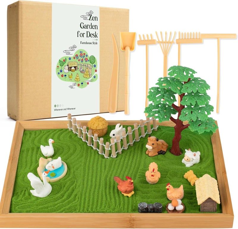 YSSPPOY 31 Pcs Zen Garden Kit for Desk, Mini Zen Sand Garden with Wooden Tray & Rake, Japanese Gift Set for Home, Office Desk Decor - Image 1